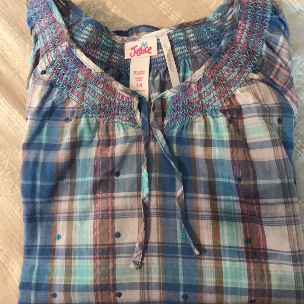 Girls Justice Blue Plaid Sequined/Smocked Top